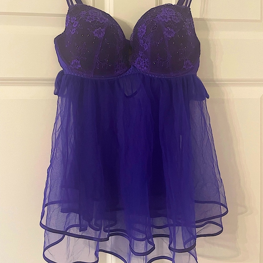 Victoria Secret Lace Mesh Rhinestone Babydoll Lingerie 36D Vintage